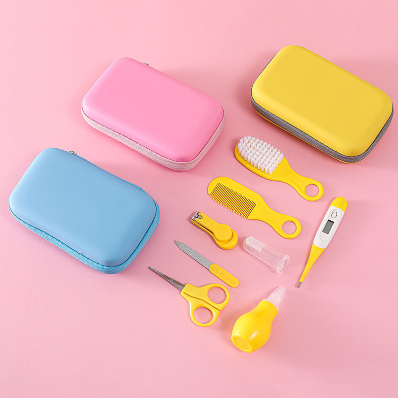 Productos para madres y bebés al por mayor tijeras de uñas para niños 8 piezas de conjunto de cepillo de peine aspirador de nariz bolsa EVA set de cuidado