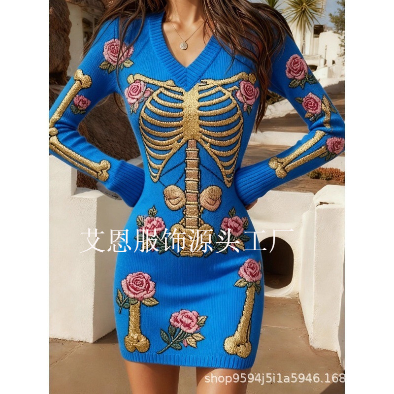 New cross-border women's printed autumn and winter sexy bodycon faux sweater dress New cross-border women's printed autumn and winter sexy bodycon faux sweater dress