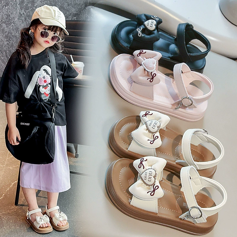 Детская пляжная обувь 2025 Лето милые банты любящие девочки сплошные сандалии маленькие и средние детские детские туфли