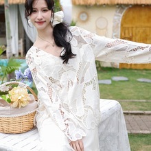 鸢素刺绣水溶花V领蕾丝开衫外搭女 镂空别致百搭纯色长袖上衣外套
