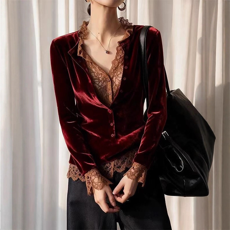 2026 Super Trendy Youthful Burgundy Color-Block Lace Patchwork Velvet Shirt for Women, Autumn Two-Piece Stylish Inner Top