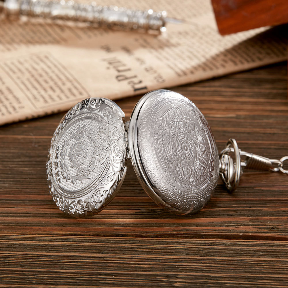 Relógio de bolso esqueleto vintage gravado com colar presente_voghion.com