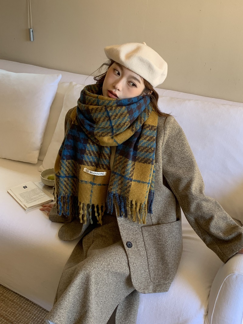 Women's Cashmere Scarf In Retro Blue Thousand Bird Grid Pattern_voghion.com