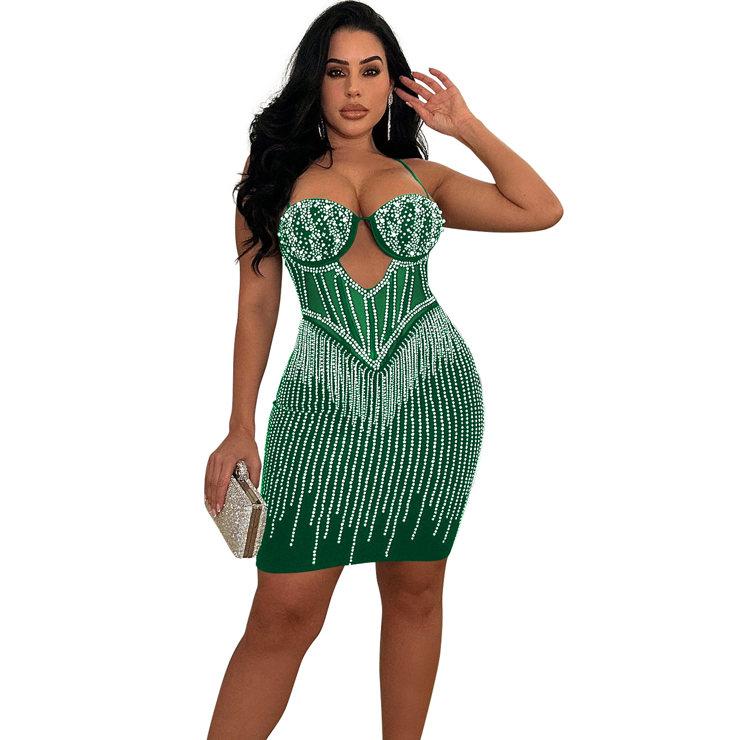 C6753 transfronteriza AliExpress Amazon europeo y americano de las mujeres de moda de color sólido malla rhinestone Correa falda vestido image 9