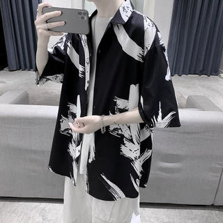 2022年男港风春夏季垂感冰丝休闲半袖衬衫男士宽松设计感上衣代发