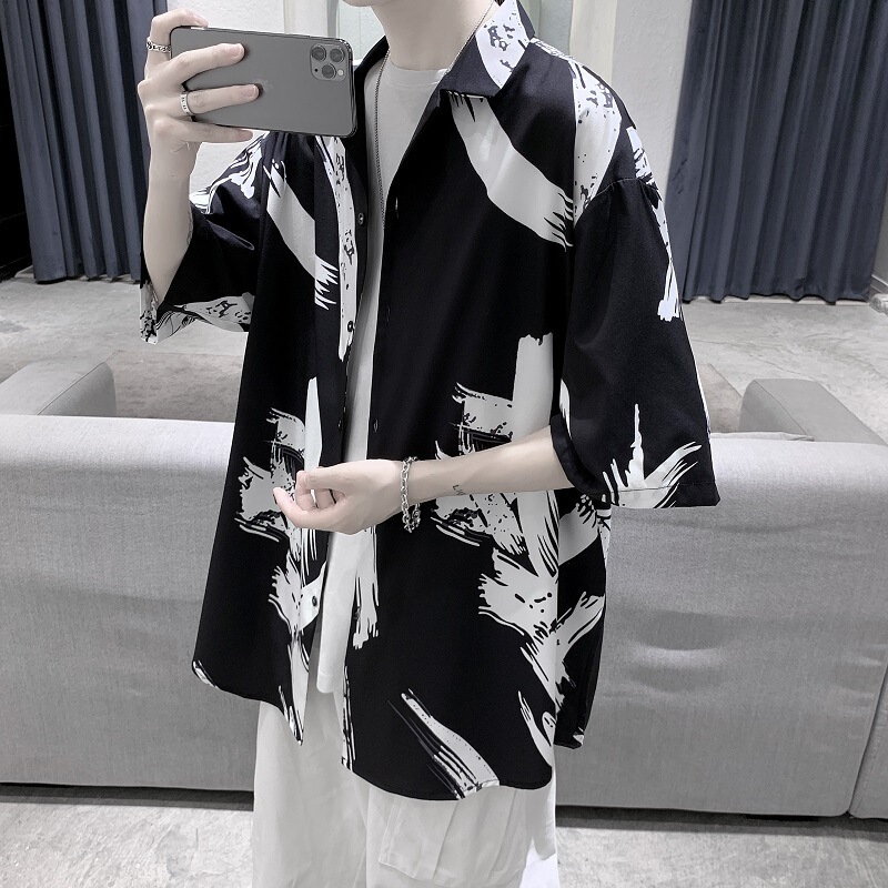 2022 men's Hong Kong style spring and summer draping ice silk casual half sleeve shirt men's loose design top
