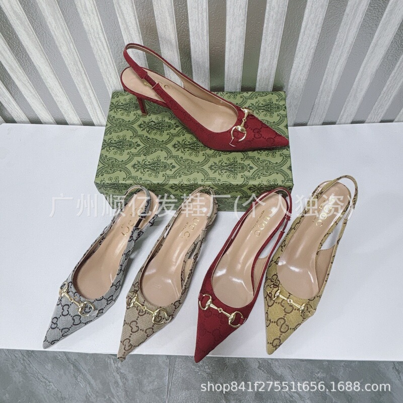 High-End Version of the Popular g Brand Classic Monogram Fabric Lettered Versatile Stiletto High-Heeled Sandals, 7cm Pointed Toe, European and American Export
