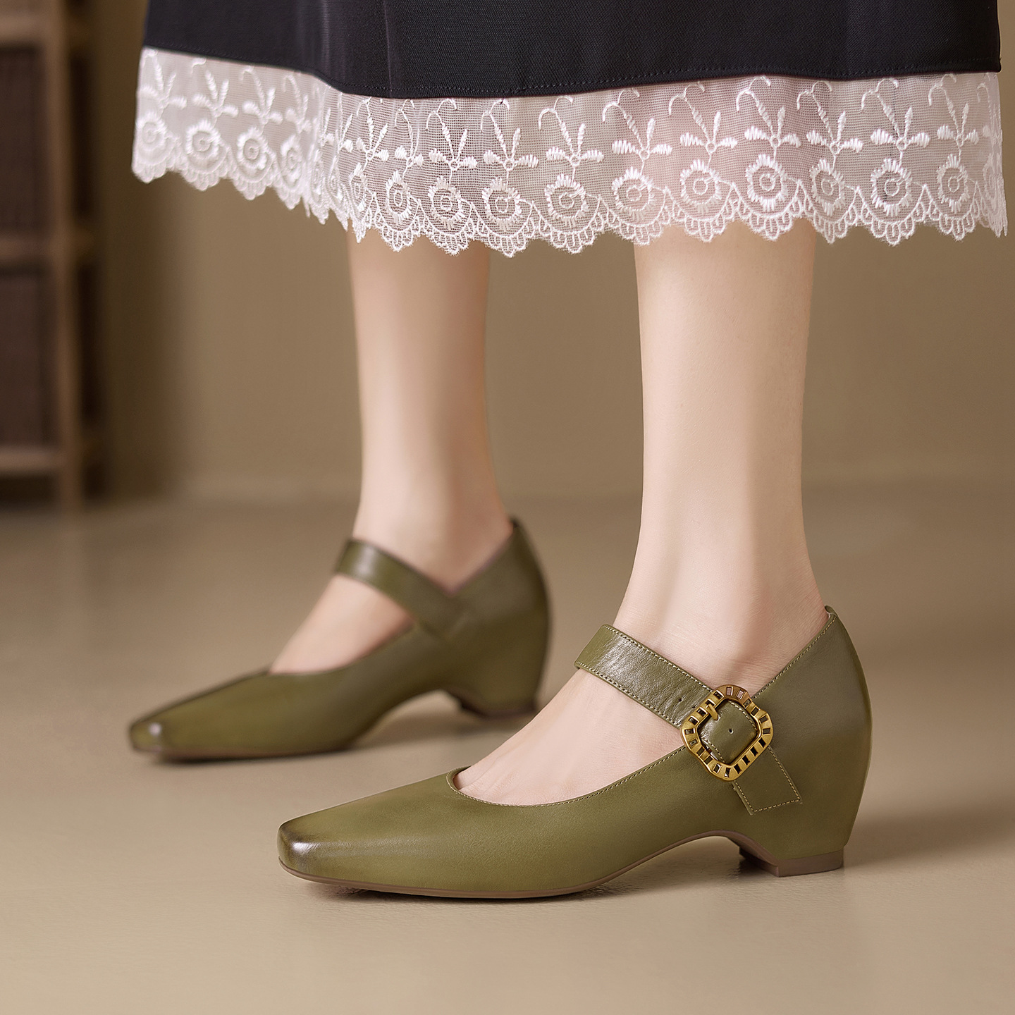 Giày Mary Jane nữ quai ngang mũi vuông gót thô 5 cm — màu tím