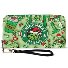 亚马逊热款圣诞节绿毛怪来图印制女士钱包拉链皮革手拿包工厂货源