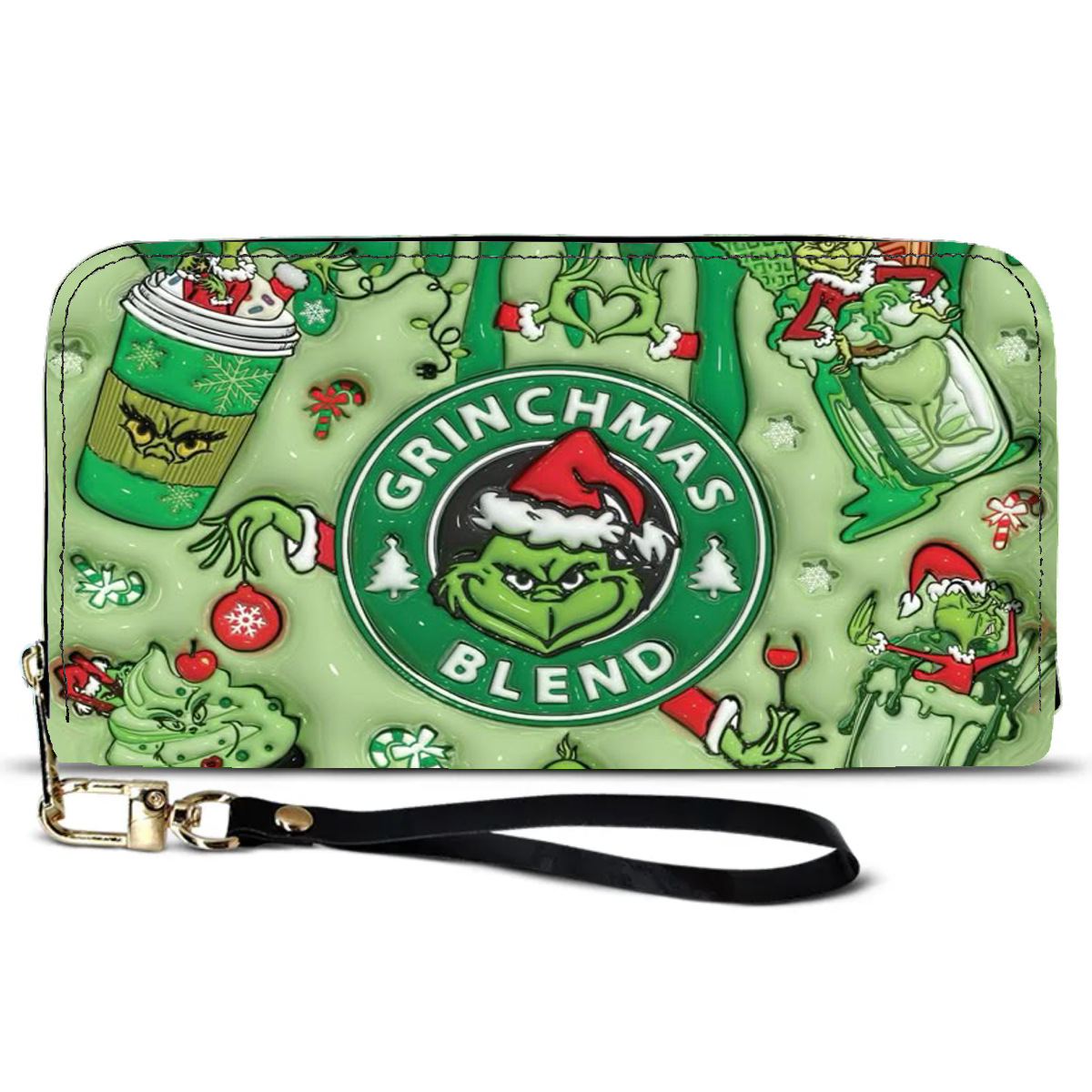 亚马逊热款圣诞节绿毛怪来图印制女士钱包拉链皮革手拿包工厂货源
