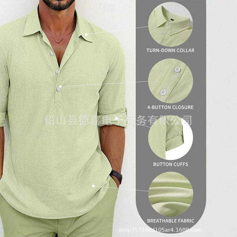 Men's Linen Shirt, Summer Export Cross-Border Solid Color Half-Open Shirt, Breathable, Sweat-Absorbent, Non-Ironing, Casual Short-Sleeved Shirt