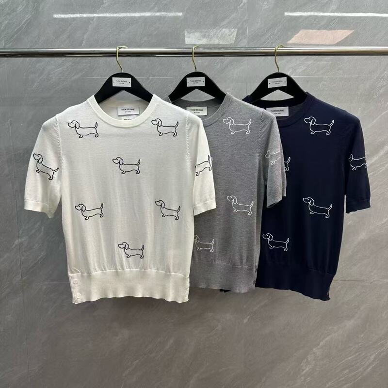 Factory Direct Sales Tb Women's Merino Wool Full Body Puppy Embroider Knitted Round Neck Pullover Short-Sleeved Knitwear