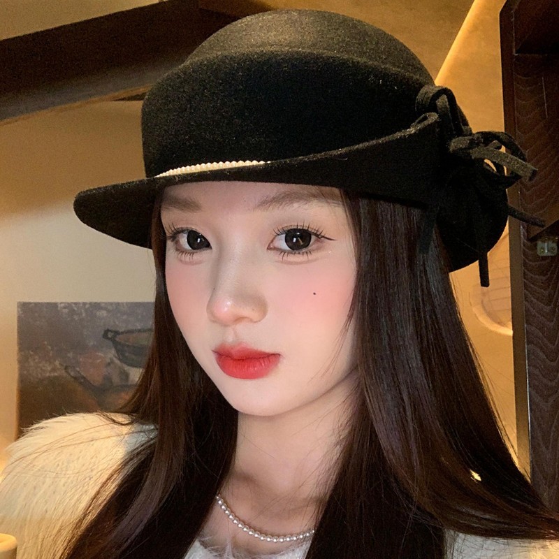 法式名媛风蝴蝶结优雅千金毛呢礼帽女赫本复古显脸小圆顶渔夫帽子|undefined