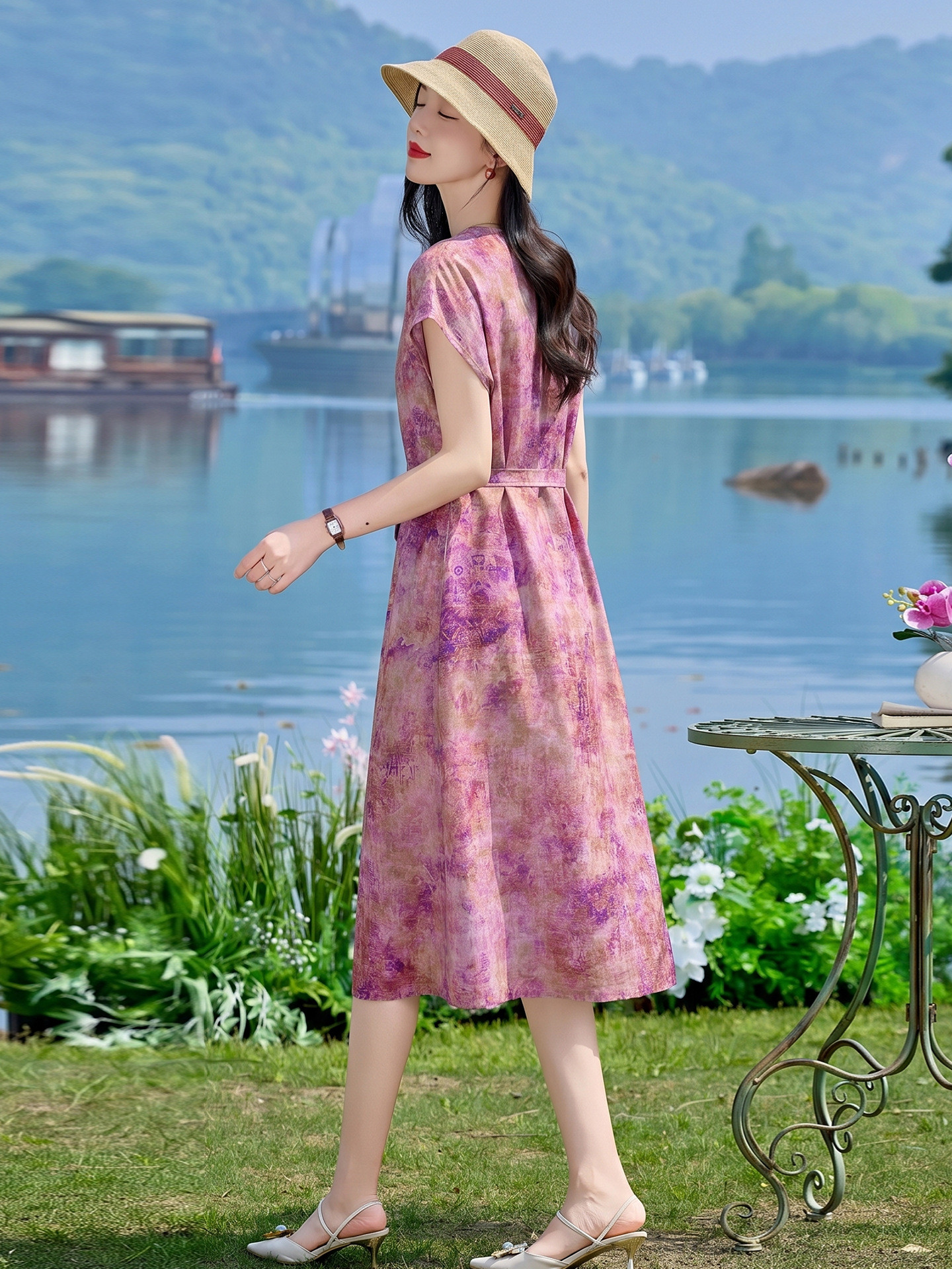 Đầm maxi nữ V cổ thắt eo họa tiết hoa nhí — xanh lam, màu vàng, màu đỏ
