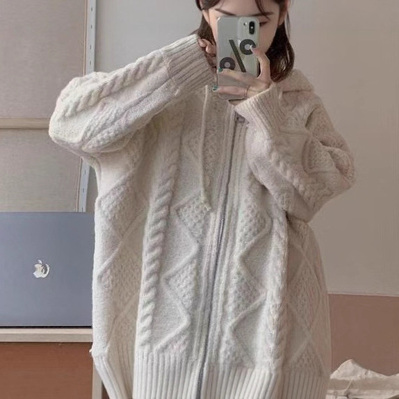 麻花毛衣女秋冬2025新款韩版复古宽松慵懒外穿针织衫连帽开衫外套|undefined