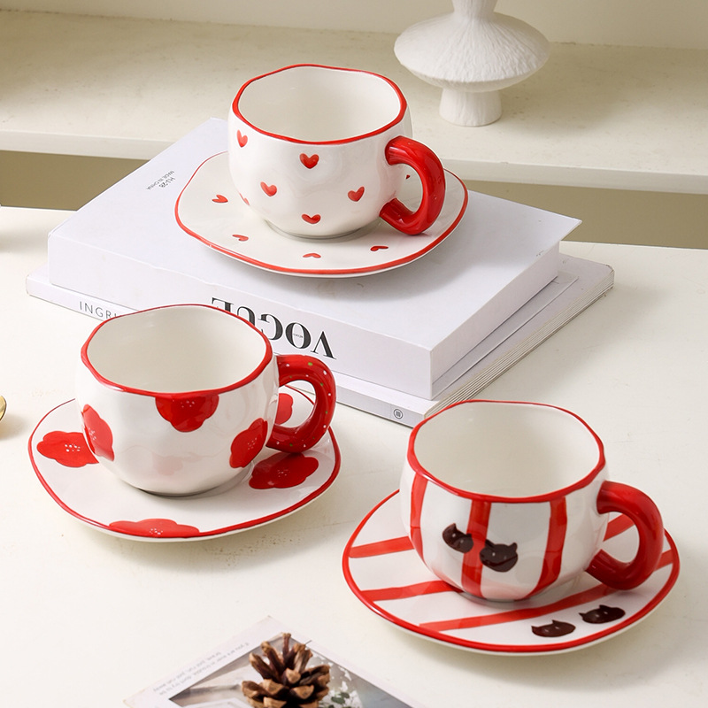 Super lindos esmalte de color pintado a mano cuadrícula azul cielo blanco nubes tazas de café plato mano apretado irregular tazas de cerámica plato