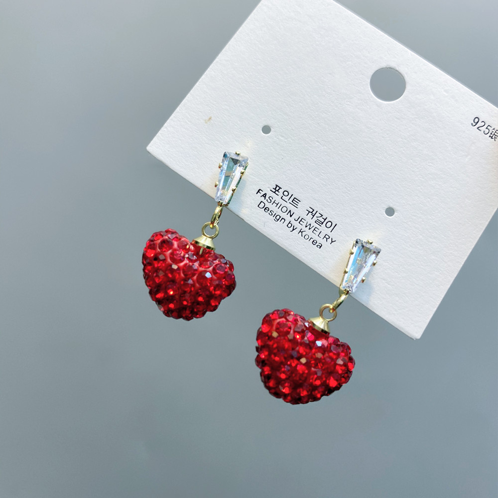 Full Diamond Red Heart Earrings display picture 1