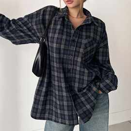 Autumn long sleeved checkered shirt women Loose top衬衫L-5XL
