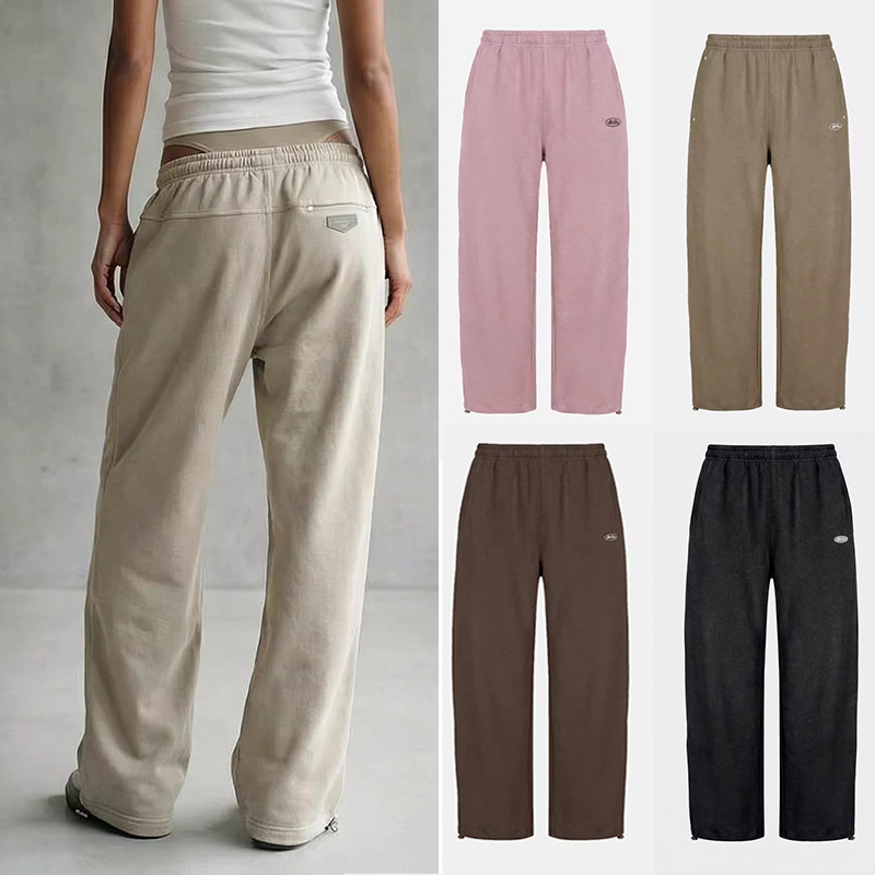 badblood American minimalist style drawstring pink casual pants, loose wide-leg long pants, relaxed sporty straight-leg pants