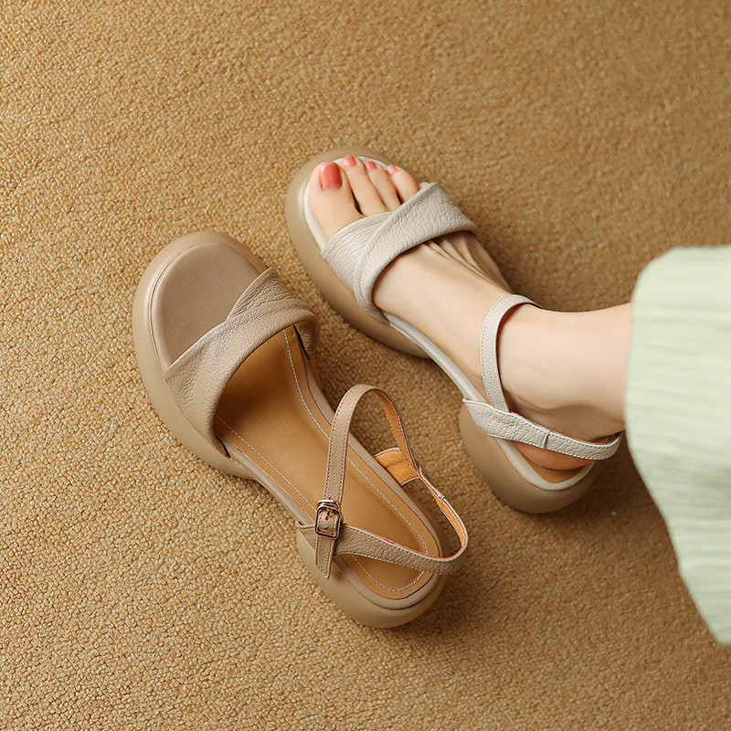 Sandal nữ da cừu đế dày gót thô hở ngón quai ngang phong cách La Mã — Màu trắng be