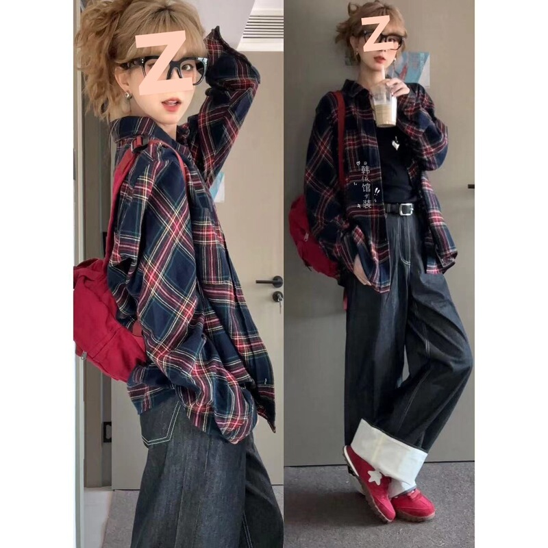森系橘色格纹衬衫女叠穿年轻ins宽松遮肉显瘦长袖衬衣外搭开衫潮|undefined