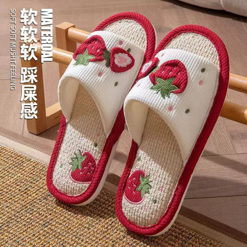 Клубника четыре сезона дамы льняные тапочки для дома в помещении нескользящие мягкие подошвы бесшумные сладкие хлопчатобумажные холодные тапочки мужчины оптом