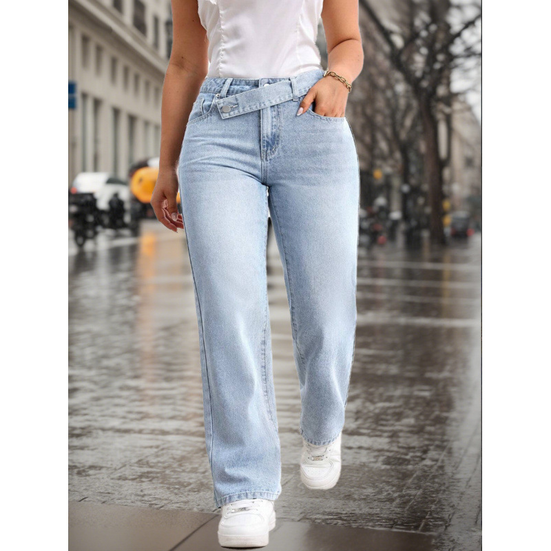 Pantalones vaqueros de mezclilla holgados de pierna recta con cintura superpuesta, color azul claro y lavado informal para mujer._voghion.com