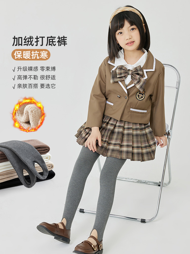 冬季新款加厚绒阳离子护腰打底裤细竖条瑜伽大童踩脚校服百搭裤袜