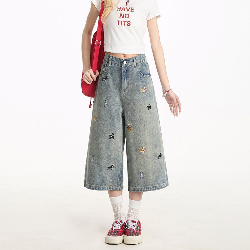 美式趣味刺绣牛仔短裤男夏季新款潮牌宽松直筒阔腿休闲七分裤chic