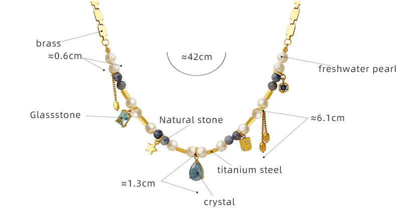 Retro Square Water Droplets natural stone Pearl Titanium Steel Inlay Glass Stone Necklace 1 Piece