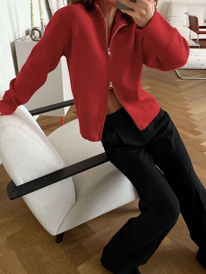 Áo khoác cardigan len dệt kim cổ đứng khóa kéo hai chiều dài tay — Màu nâu cà phê, Màu trắng, màu đen, màu đỏ chi tiết 12
