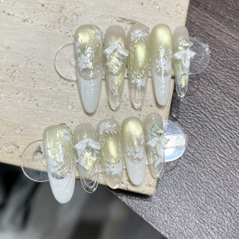 【Green Fields and Green Dew】Purely Handmade Blush Nails｜Fresh Cat-Eye Floral Press-On Nails｜Self-Adhesive Handmade Nail Pieces