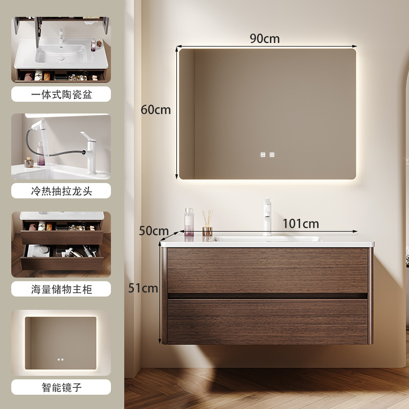 Mueble de baño de nogal, estilo mid-century, de madera maciza, con lavabo de cerámica integrado, mueble de baño y lavadero.