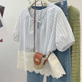 胖MM300斤超大码条纹蕾丝刺绣短袖衬衫女夏泡泡袖娃娃衫宽松上衣