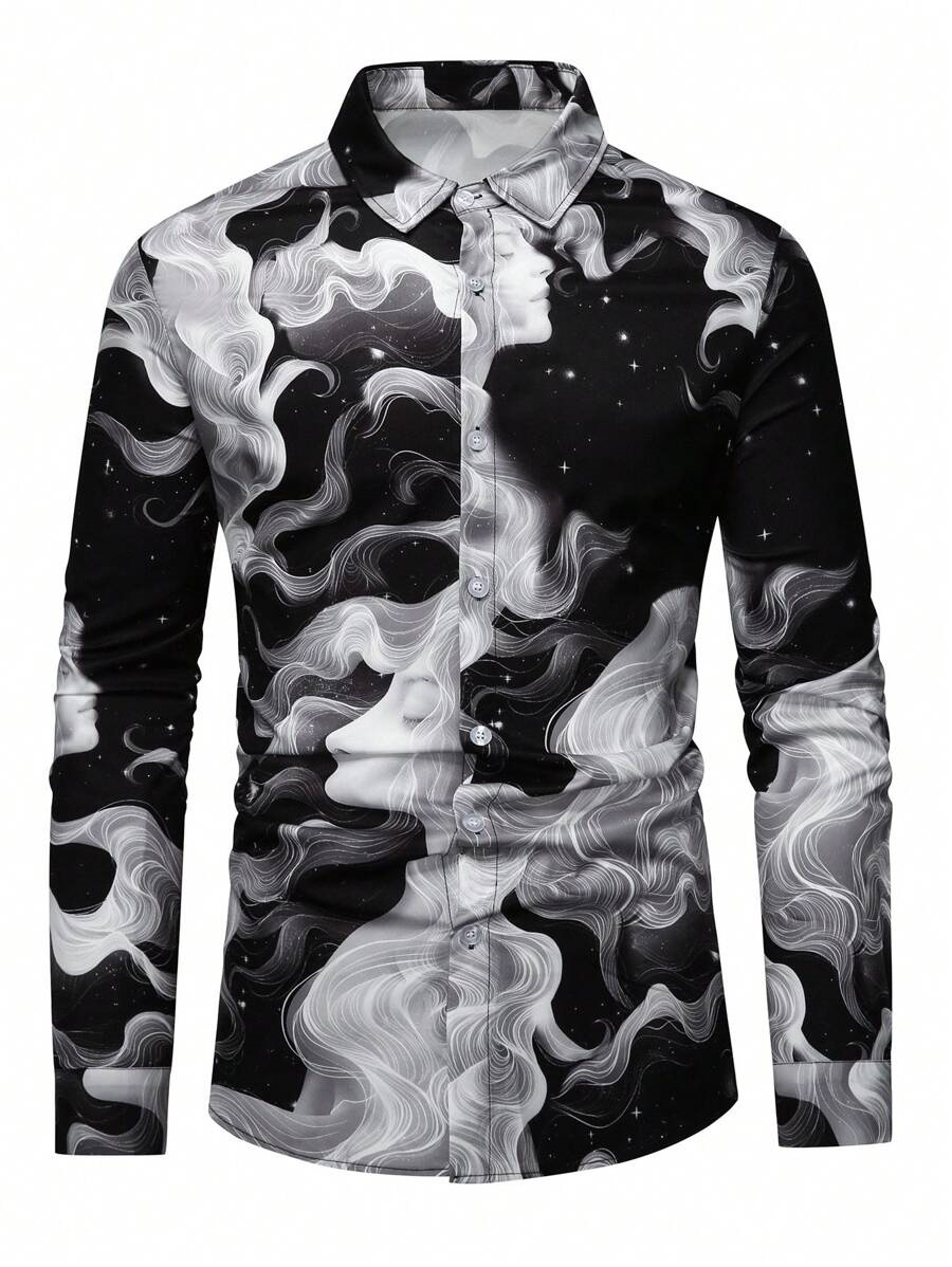 Arte abstracto 3D impresión digital primavera y otoño de los hombres calle alta ancho ancho suelto hombro de manga larga solapa botón camisa en stock