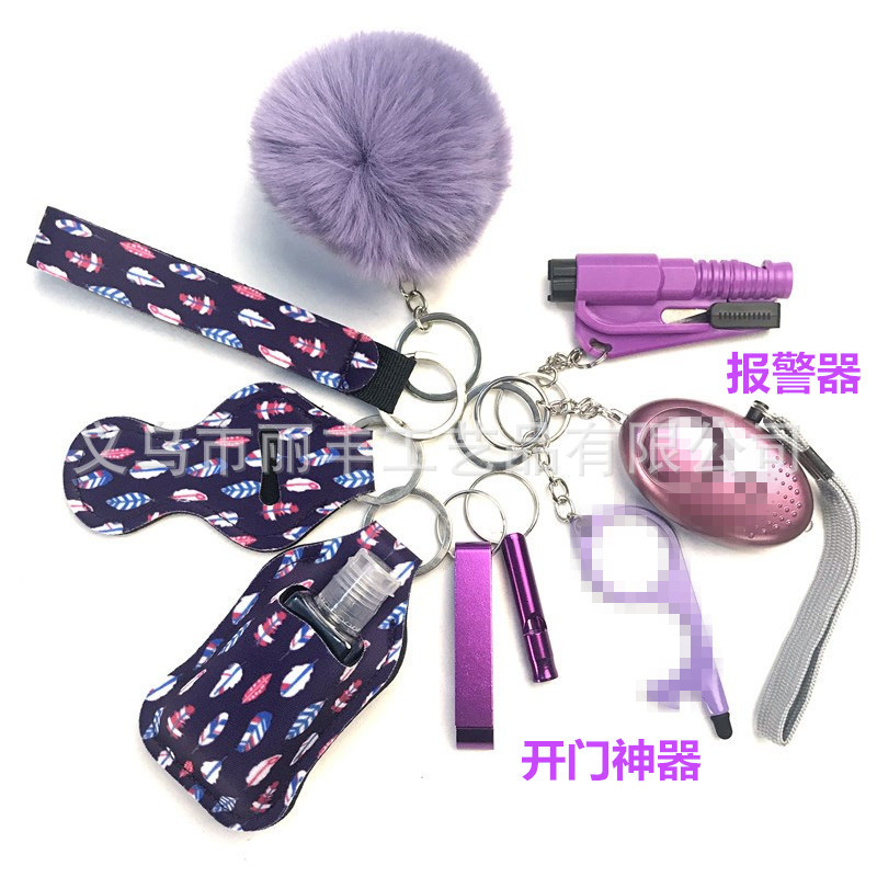 Llavero de muñeca de espejo cruzado Juego de 10 piezas Bolsa de desinfectante de manos para mujer Llavero de alarma de aluminio