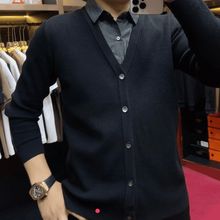 秋冬加绒加厚新款男士开衫衬衫领商务休闲百搭拼接假两件衬衫男