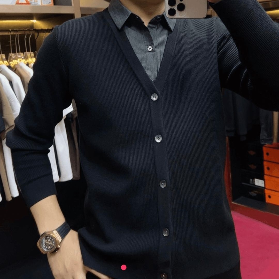 秋冬加绒加厚新款男士开衫衬衫领商务休闲百搭拼接假两件衬衫男