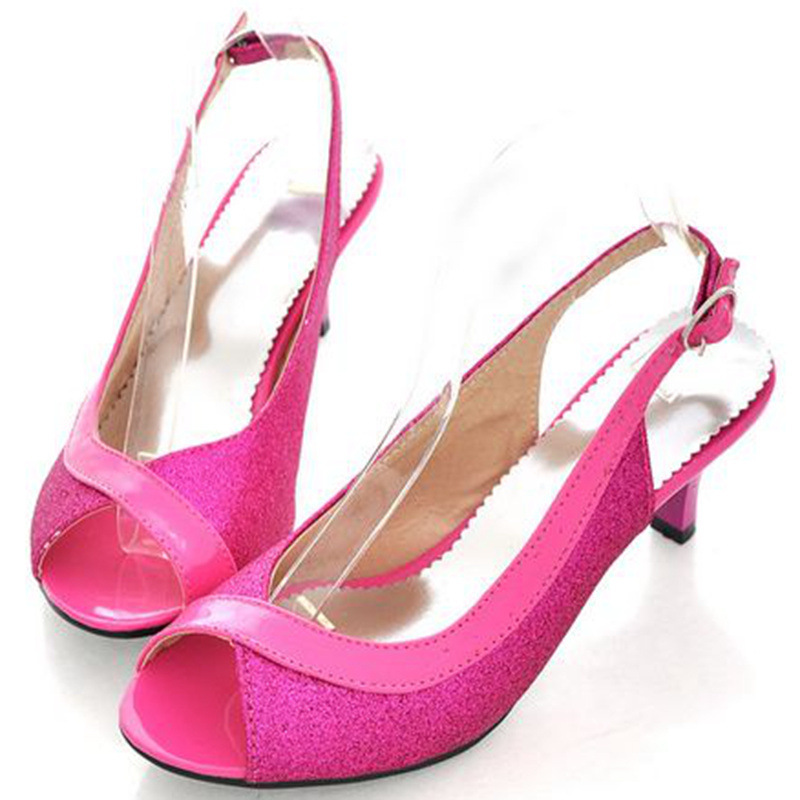 23 Spring New mid heel sandals Korean style sequined peep toe shoes foreign trade plus size women's shoes AliExpress one-piece delivery