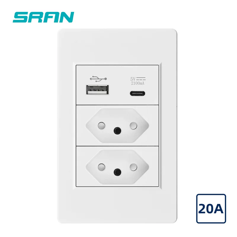 118 PC panel 20A South America Brazil socket with USB type C charging port manufacturer direct sales concealed installation