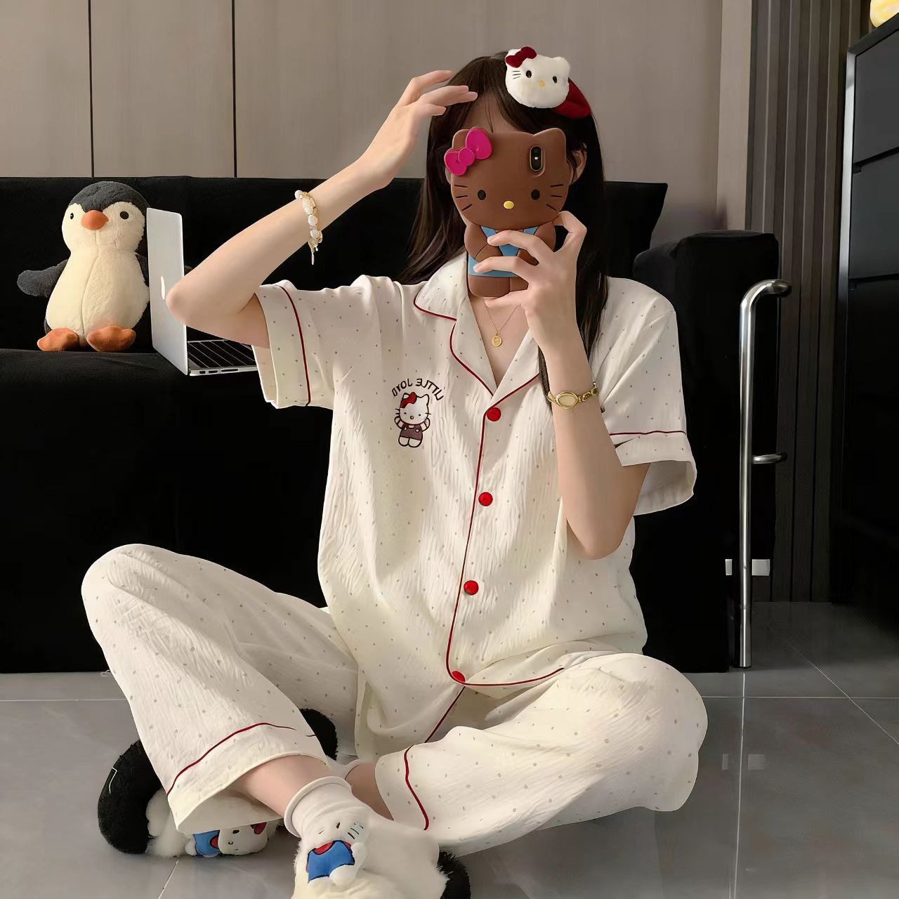 120G nubes de algodón pijama de mangas cortas pantalones largos set ropa para el hogar sudeste asiático TK transfronterizo pareja pijama de verano