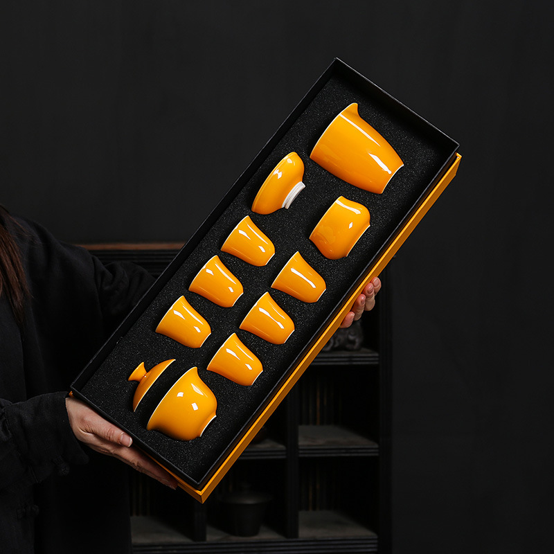 功夫茶具套裝定製logo家用泡茶壺蓋碗茶杯陶瓷送禮黃色羊脂玉白瓷