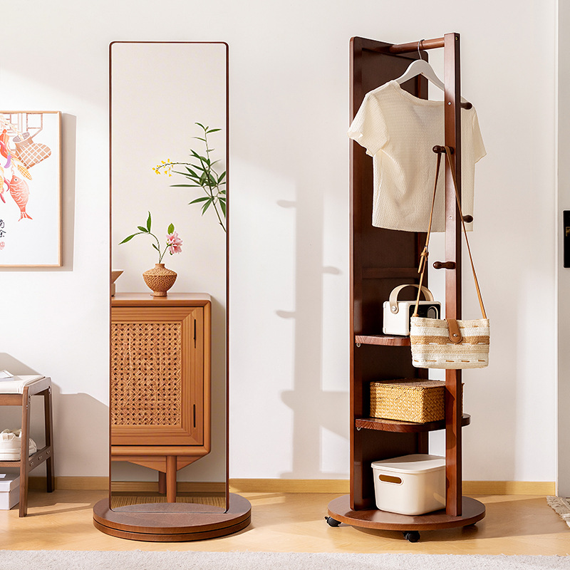 Solid Wood Coat Rack, Floor-Standing Clothes Rack, Movable Rotating Full-Length Mirror, Simple Bedroom Household Vertical Clothes Rack, Carefully Selected