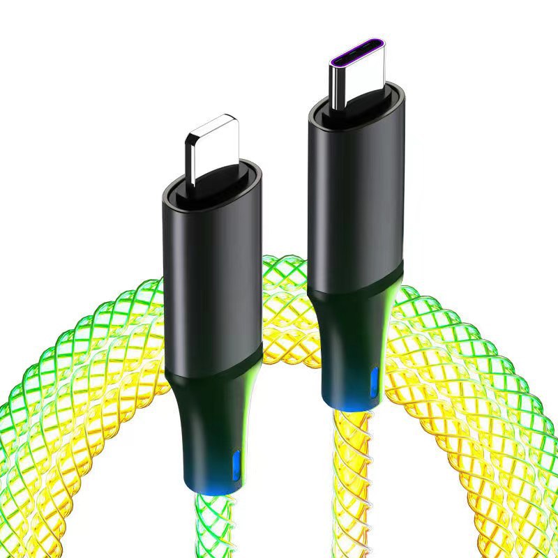 Cable de datos RGB, degradado de respiración luminosa para automóvil, carga súper rápida PD para cable de carga Apple Android TypeC