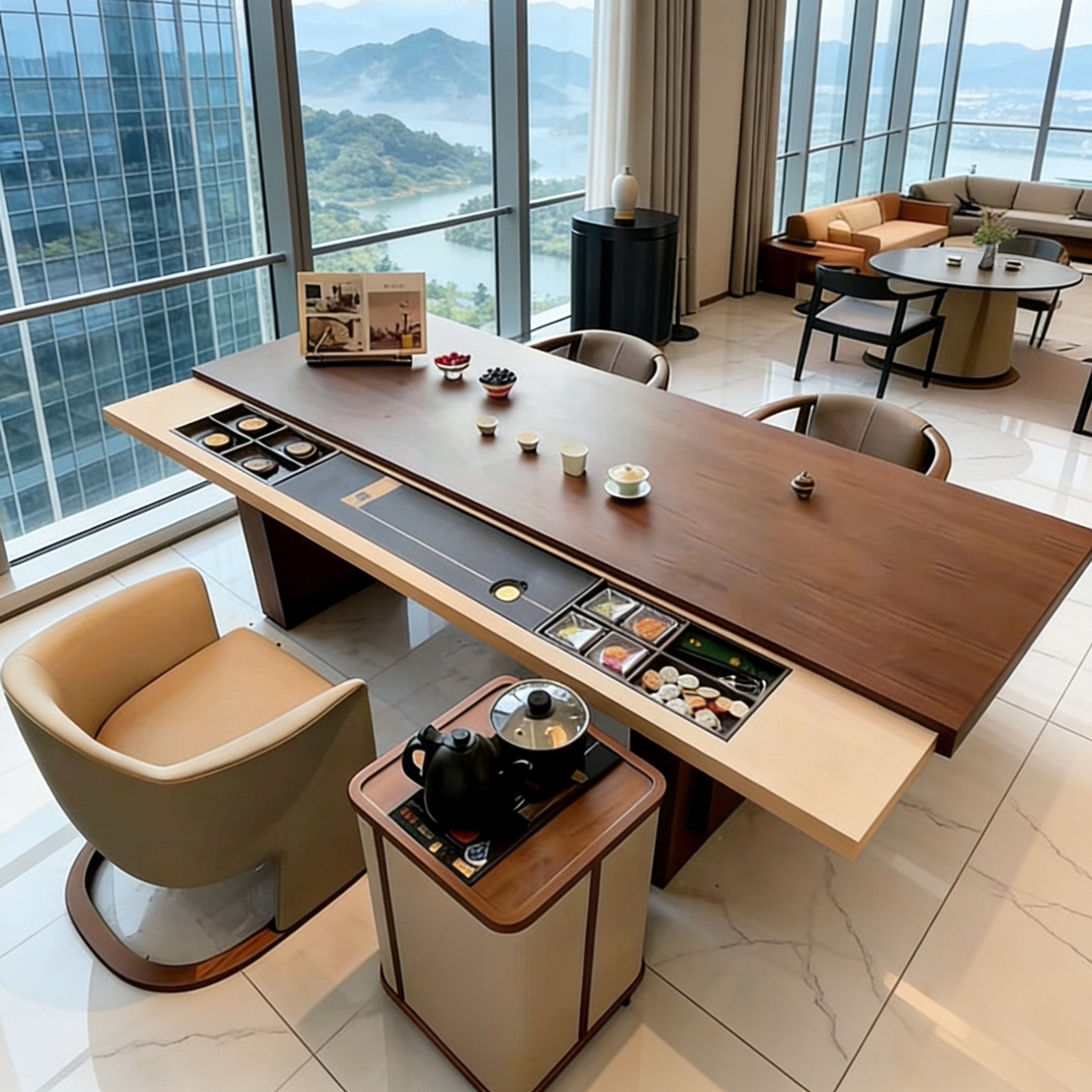 Modern minimalist North American black walnut wood sliding tea table and chairs, Italian light luxury high-end tea table, office and tea drinking integrated table
