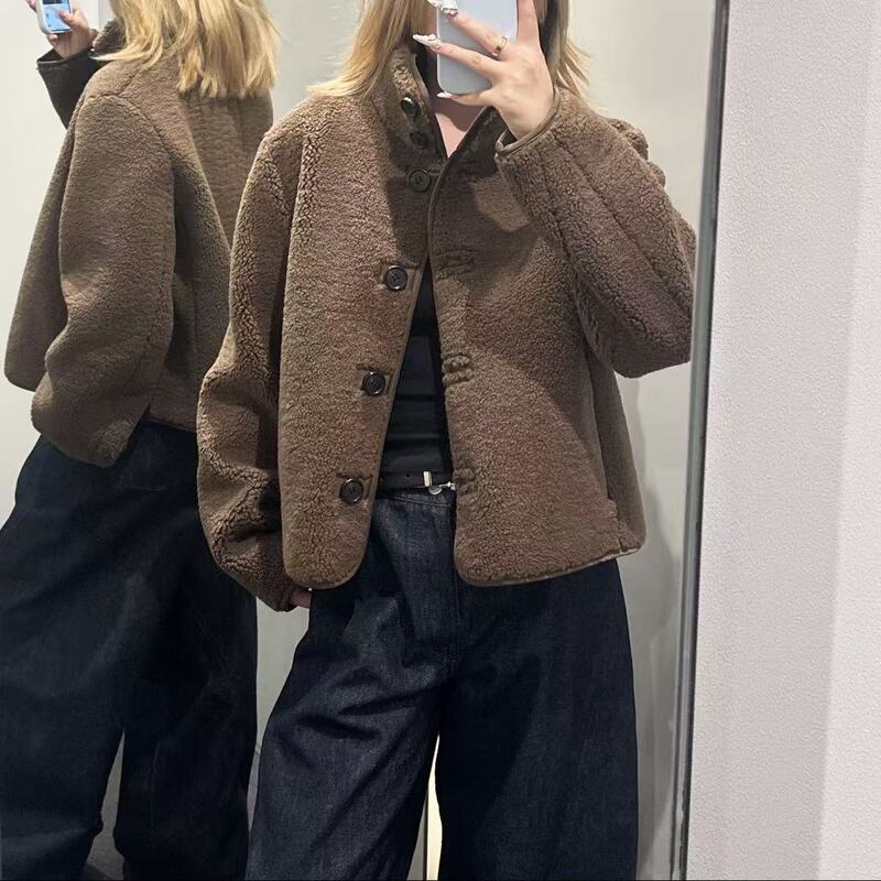 C Women's Standard Fit Funnel Neck Teddy Velvet Jacket Brown 2025 Autumn New Product 1310783002