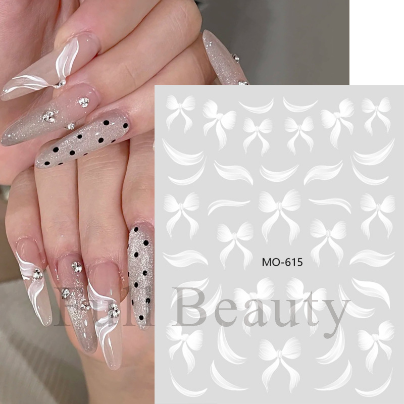 FULL BEAUTY跨境新款美甲贴纸甜美飘带蝴蝶结白色飘逸美甲贴纸|undefined