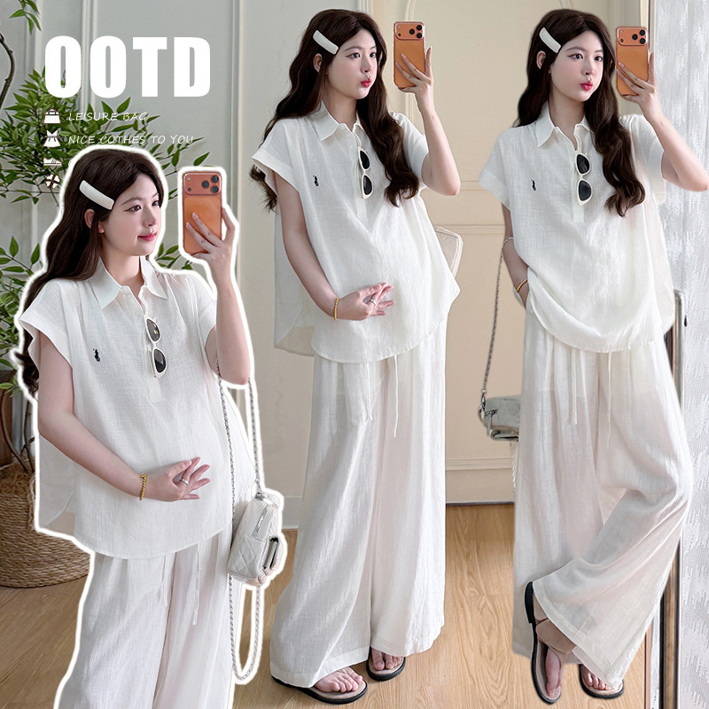 2026 Summer New Products Polo Collar Korean Style Shirt Wide-Leg Pants Maternity Suit Wholesale Dropshipping 2026 Summer New Products Polo Collar Korean Style Shirt Wide-Leg Pants Maternity Suit Wholesale Dropshipping
