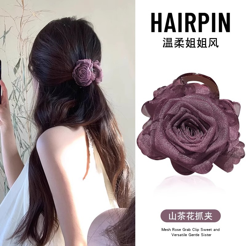Purple Camellia Flower Grab Clip Women's Head Half-Tie Hairpin Summer Photography Atmosphere Shark Clip Headwear Hairpin
