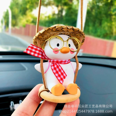 Cross-Border Original Manufacturer Swing Duck Car Hanging Ornament, Duck Aromatherapy Car Rearview Mirror Hanging Decoration, Car Hanging Decoration (Car hanging) - red-bow-tie-straw-hat-glasses-swing-duck